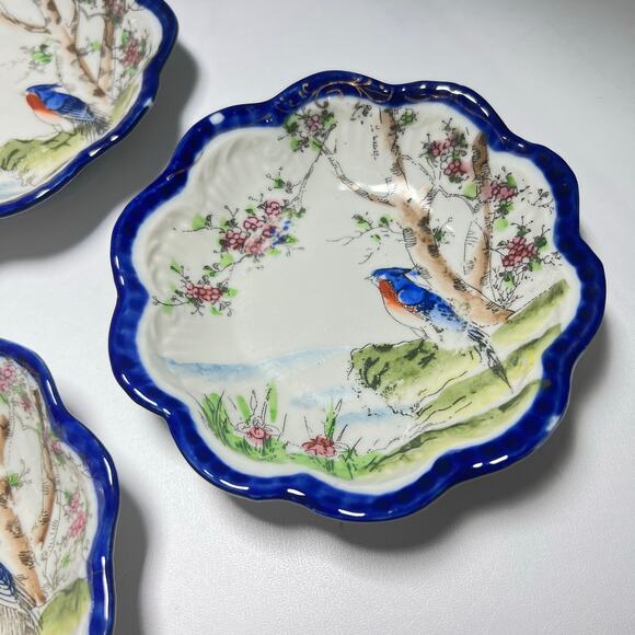 Vintage 20s Set 4 Seto Japanese Cobalt Blue Handpainted Bird Porcelain Dishes - Picture 4 of 11